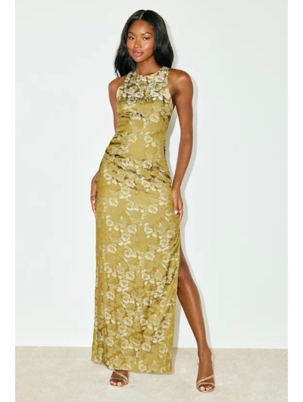 Lulus Lamila Chartreuse Floral Satin Column Maxi Dress Size Small
